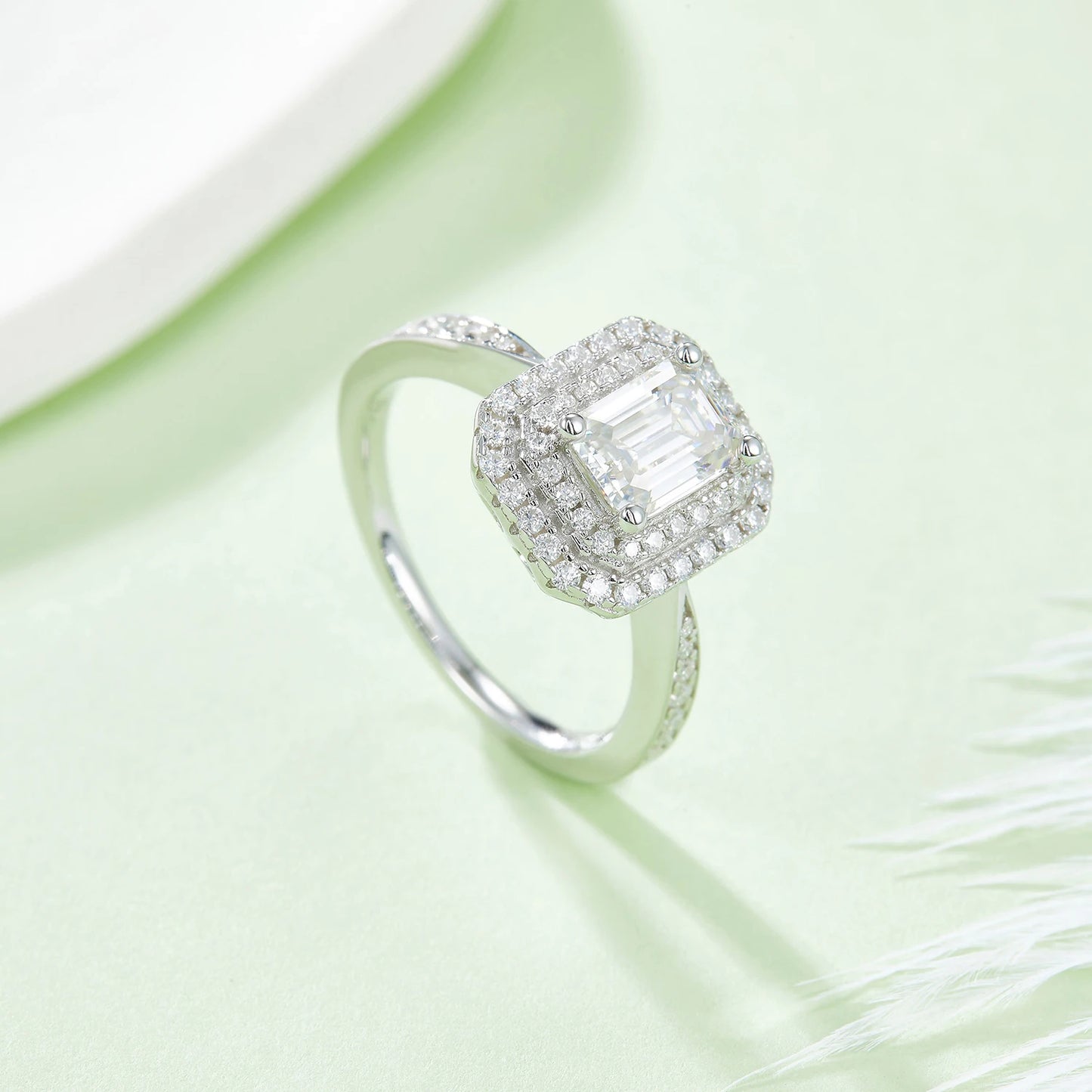 GEM'S BALLET 1.0 TCW Emerald Cut Moissanite Double Halo Engagement Ring