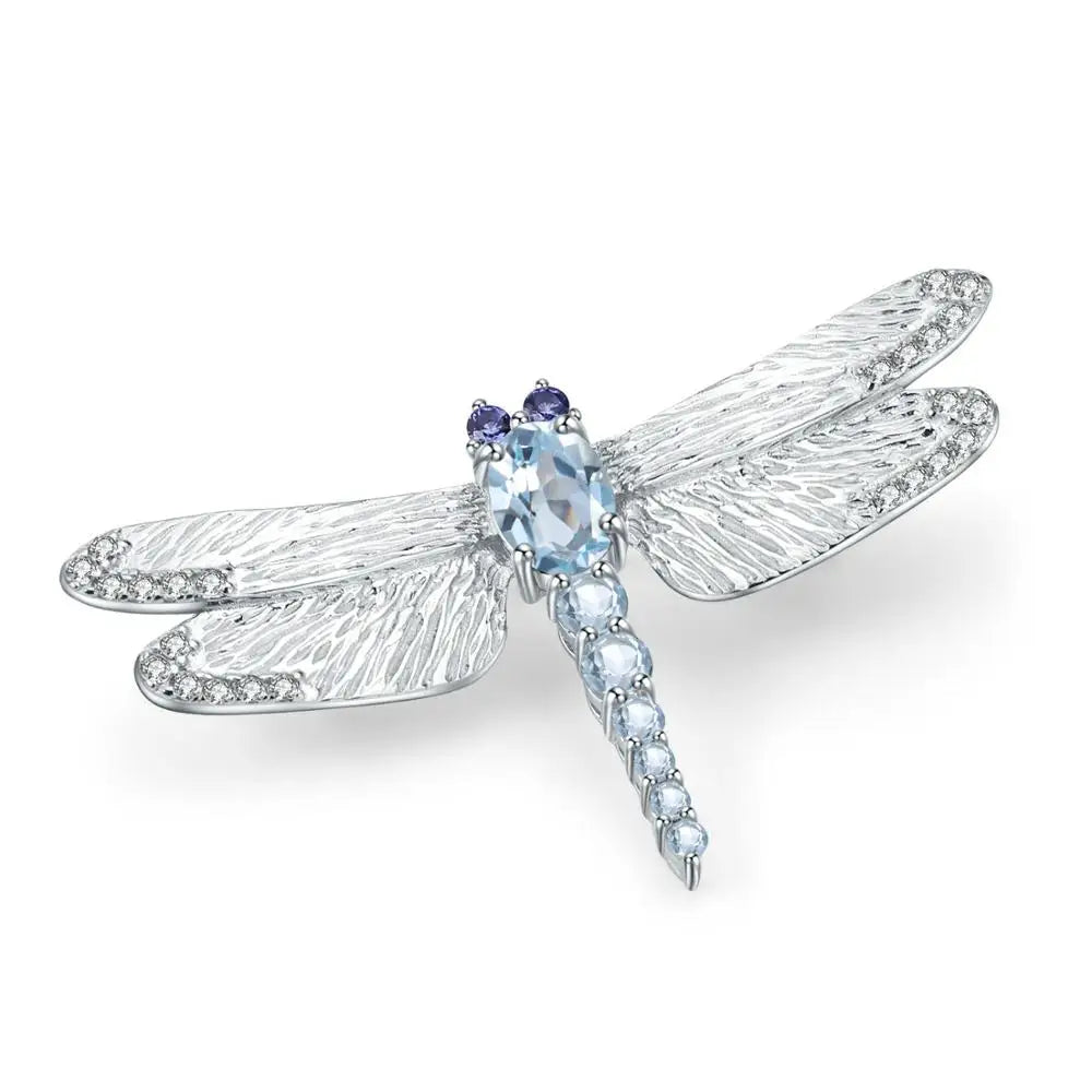 GEM'S BALLET 1.41Ct Natural Sky Blue Topaz Brooch 925 Sterling Sliver Handmade Design Dragonfly Brooches For Women Fine Jewelry