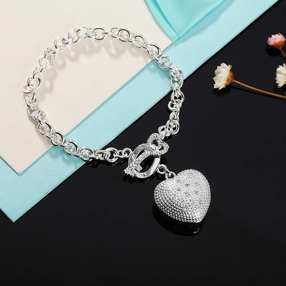 925 Sterling Silver AAA Zircon Heart Key Bracelet for Woman Charm Wedding Engagement Party Fashion Jewelry