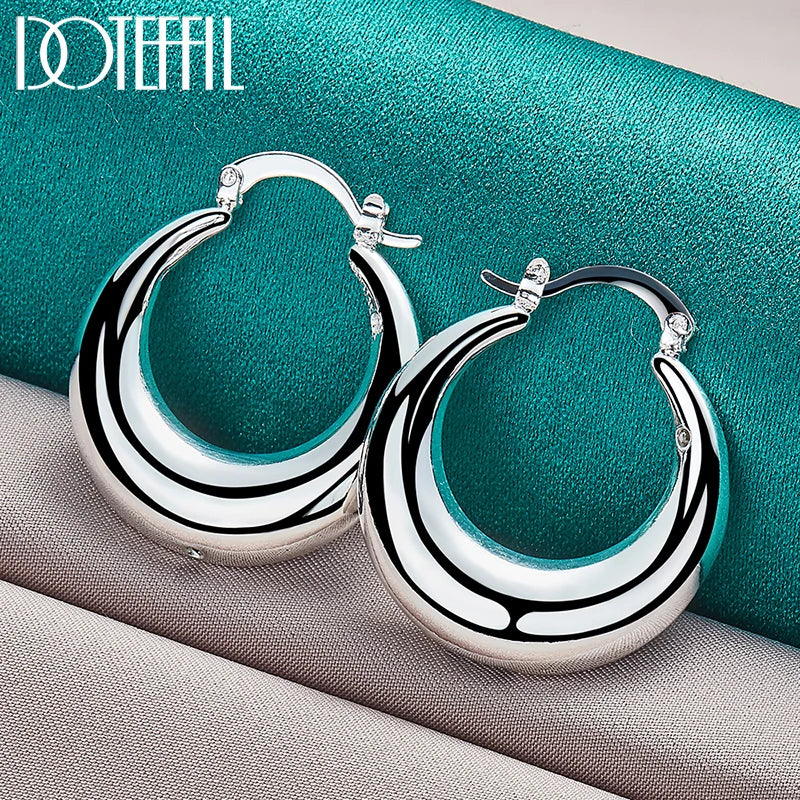 925 Sterling Silver U Smooth Circle Hoop Earring for Woman Party Gift Fashion Charm Wedding Engagement Jewelry