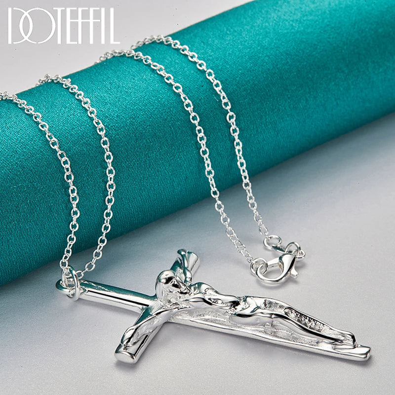 925 Sterling Silver Jesus Cross Pendant Necklace 16/18/20/22/24/26/30 Inch Chain for Woman Man Charm Wedding Jewelry