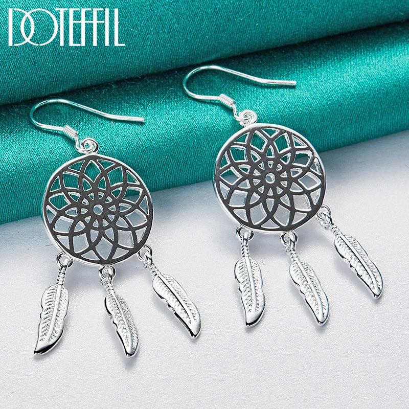 925 Sterling Silver Fine Dream Catcher Feathers Earrings for Woman Fashion Designer Party Wedding Jewelry Gifts