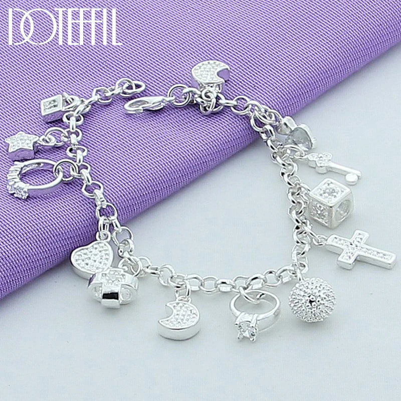 925 Sterling Silver 24K Gold Moon Heart Lock Cross Bracelet for Men Woman Charm Wedding Party Fashion Jewelry