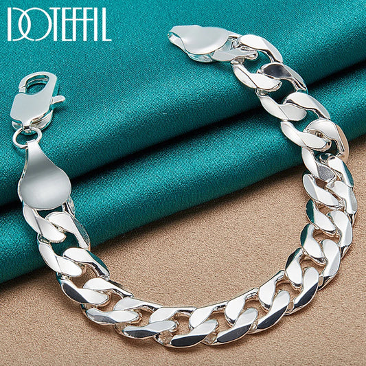 925 Sterling Silver 12Mm Side Chain Bracelet for Man Women Wedding Engagement Party Fashion Jewelry