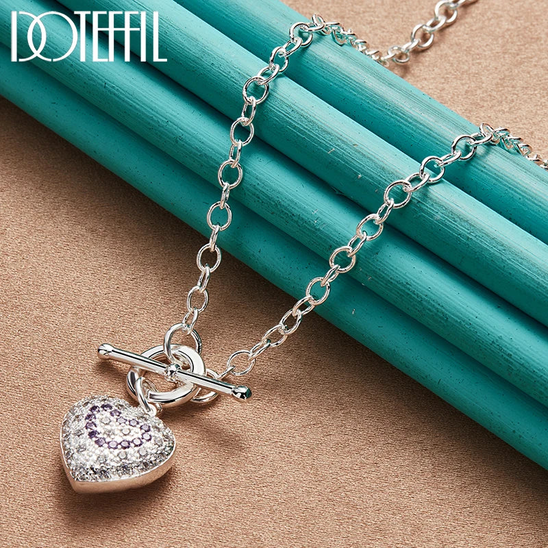 925 Sterling Silver White/Purple AAA Zircon Heart Pendant Necklace to Chain for Women Fashion Wedding Charm Jewelry