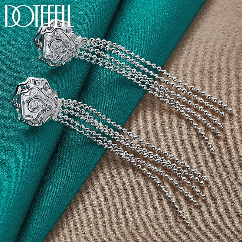 925 Sterling Silver Romantic Rose Flower Earrings for Women Fashion Smooth Bead Chain Silver Jewelry