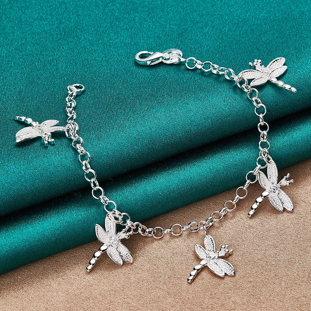 925 Sterling Silver Five Dragonfly AAA Zircon Pendant Bracelet Chain for Women Wedding Engagement Party Jewelry