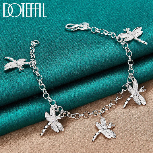 925 Sterling Silver Five Dragonfly AAA Zircon Pendant Bracelet Chain for Women Wedding Engagement Party Jewelry