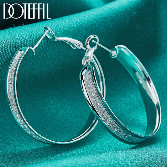 925 Sterling Silver Matte Hoop Earring for Charm Women Jewelry Fashion Wedding Engagement Party Gift