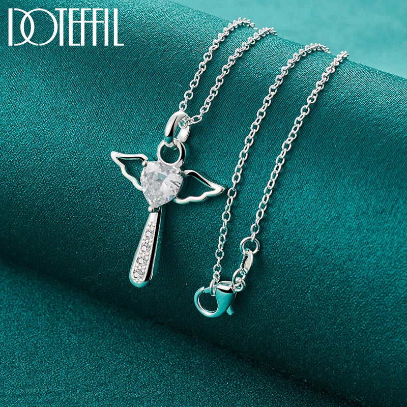 925 Sterling Silver Cross Heart White AAA Zircon Necklace 18-30 Inch Chain for Woman Wedding Charm Jewelry