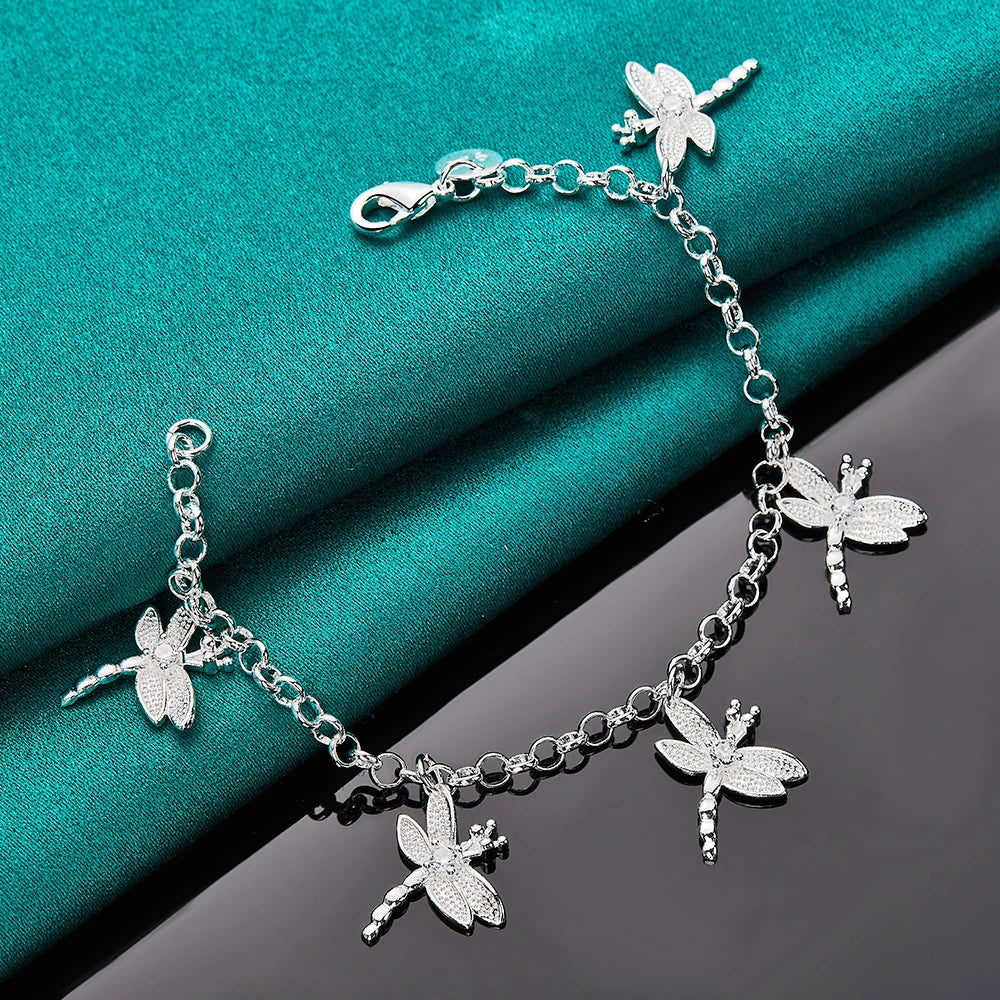 925 Sterling Silver Five Dragonfly AAA Zircon Pendant Bracelet Chain for Women Wedding Engagement Party Jewelry