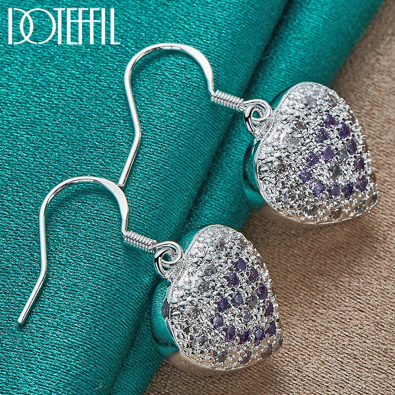 925 Sterling Silver Heart Purple AAA Zircon Drop Earring for Women Wedding Engagement Party Fashion Charm Jewelry
