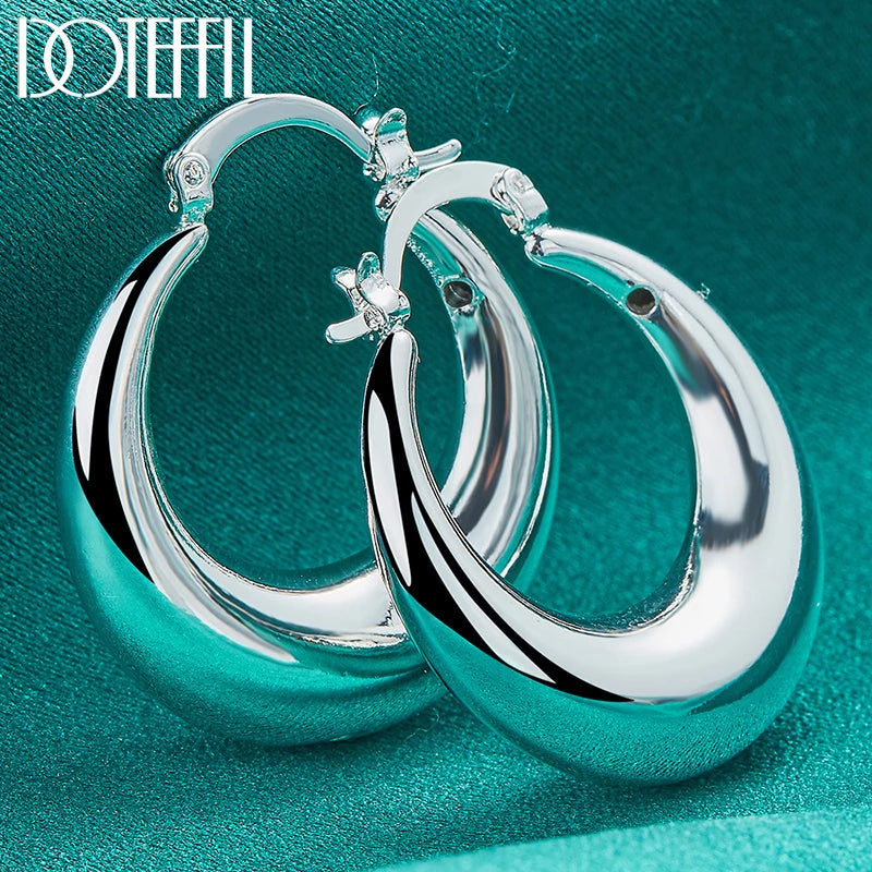 925 Sterling Silver U Smooth Circle Hoop Earring for Woman Party Gift Fashion Charm Wedding Engagement Jewelry