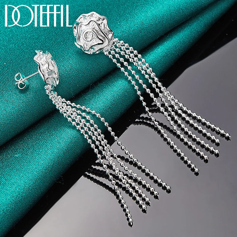 925 Sterling Silver Romantic Rose Flower Earrings for Women Fashion Smooth Bead Chain Silver Jewelry