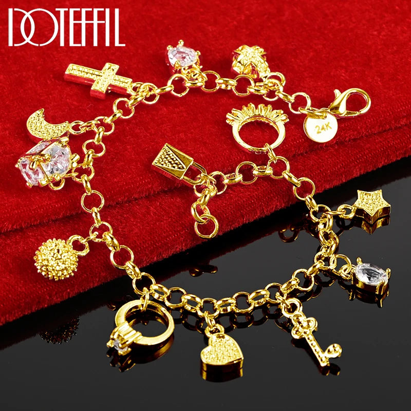 925 Sterling Silver 24K Gold Moon Heart Lock Cross Bracelet for Men Woman Charm Wedding Party Fashion Jewelry