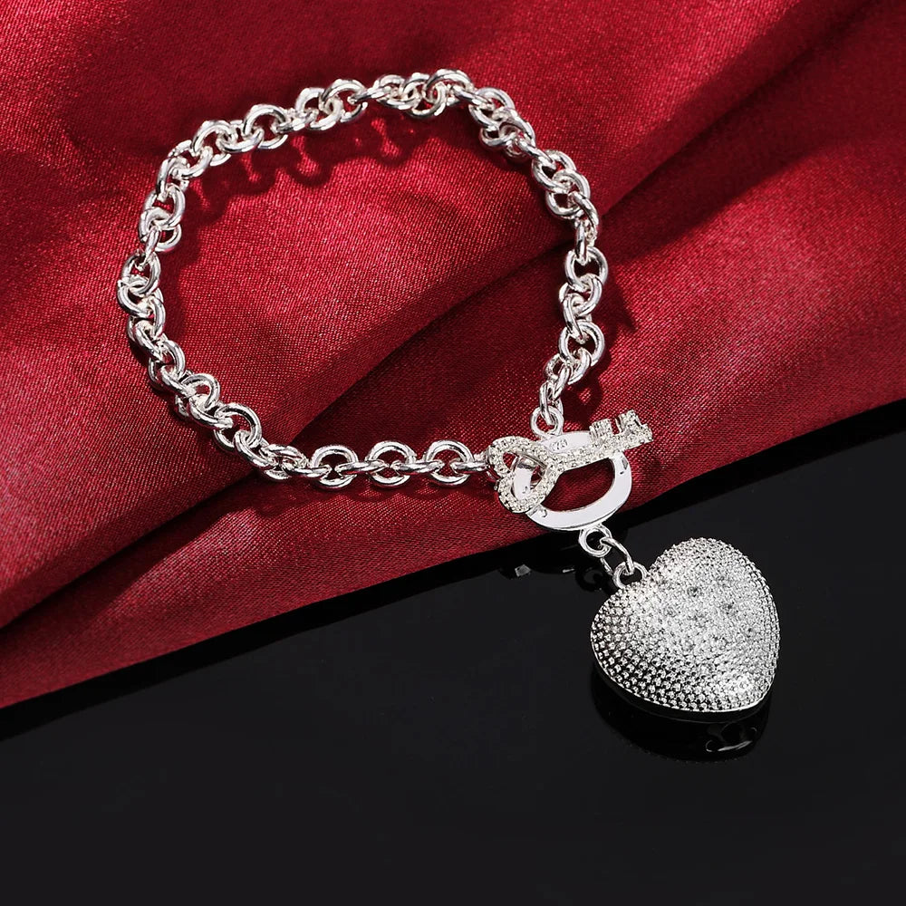 925 Sterling Silver AAA Zircon Heart Key Bracelet for Woman Charm Wedding Engagement Party Fashion Jewelry