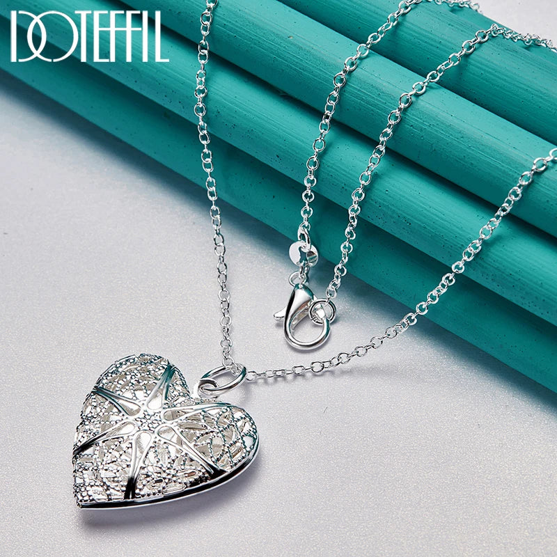 925 Sterling Silver Photo Frame Heart Necklace 16/18/20/22/24/26/30 Inch Chain for Woman Man Charm Wedding Jewelry