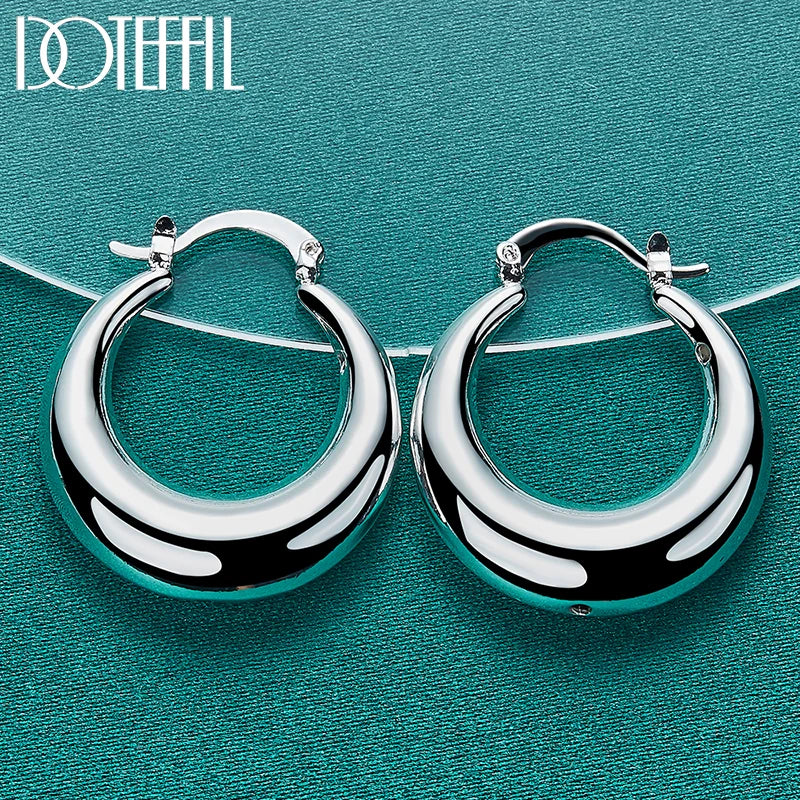 925 Sterling Silver U Smooth Circle Hoop Earring for Woman Party Gift Fashion Charm Wedding Engagement Jewelry