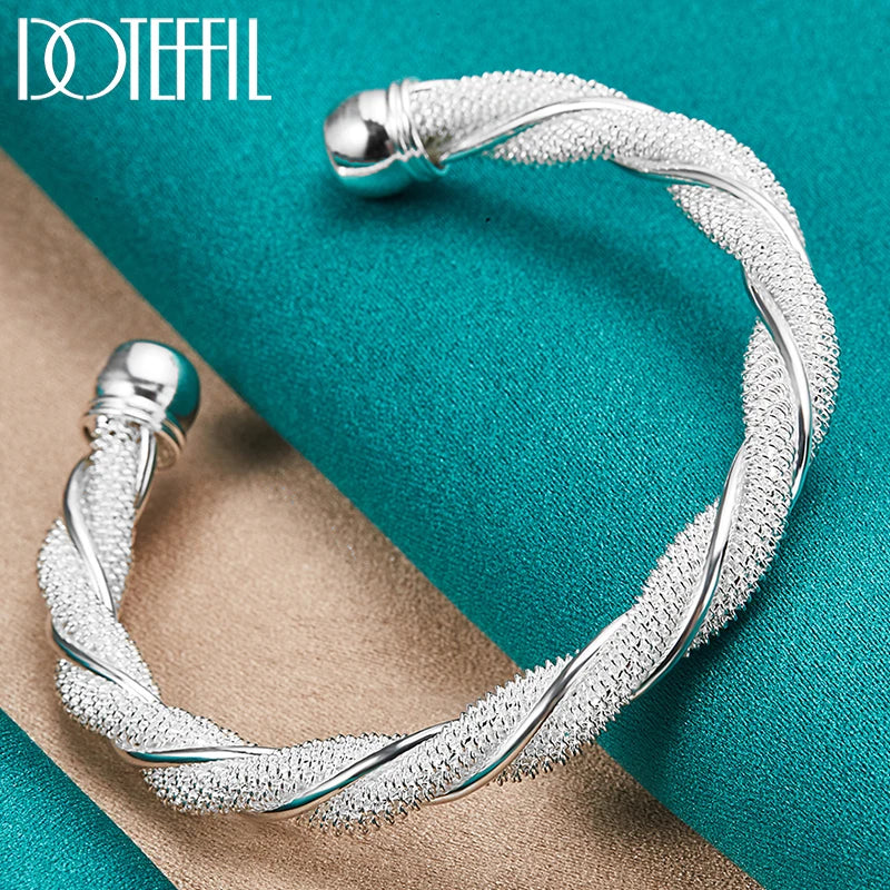 925 Silver Sterling Mesh Wide Braided Bangle Wristband Bracelet for Women Man Jewelry Bijoux Punk Jewelry