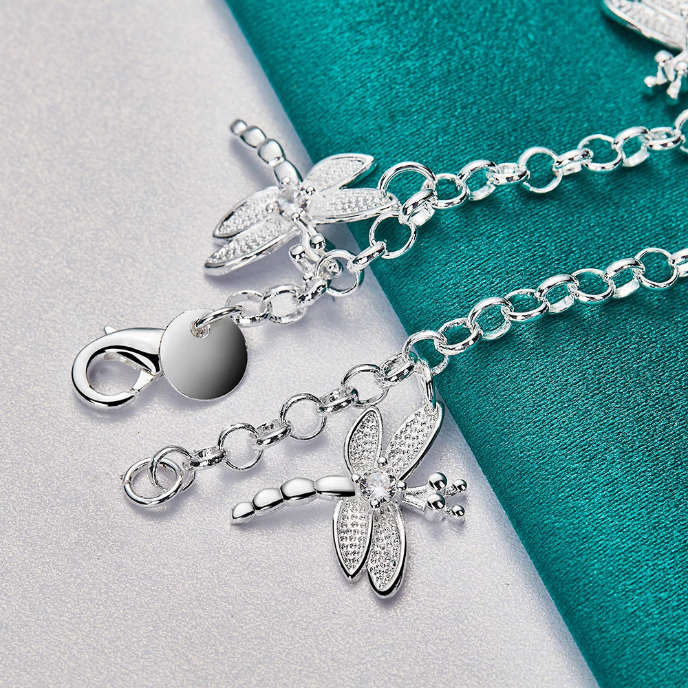 925 Sterling Silver Five Dragonfly AAA Zircon Pendant Bracelet Chain for Women Wedding Engagement Party Jewelry