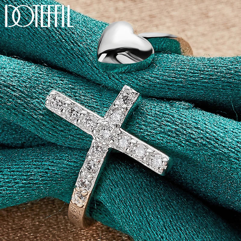 925 Sterling Silver Cross AAA Zircon Heart Ring for Women Man Fashion Wedding Engagement Party Charm Jewelry