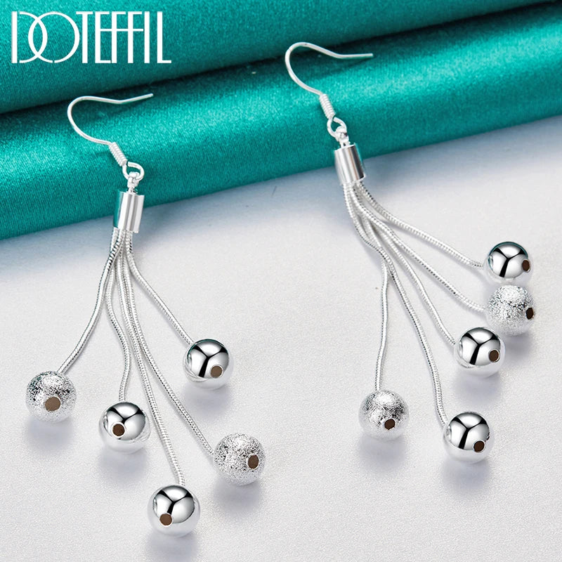 925 Sterling Silver Smooth Matte Five Beads Drop Earrings for Woman Wedding Engagement Fashion Party Charm Jewelry