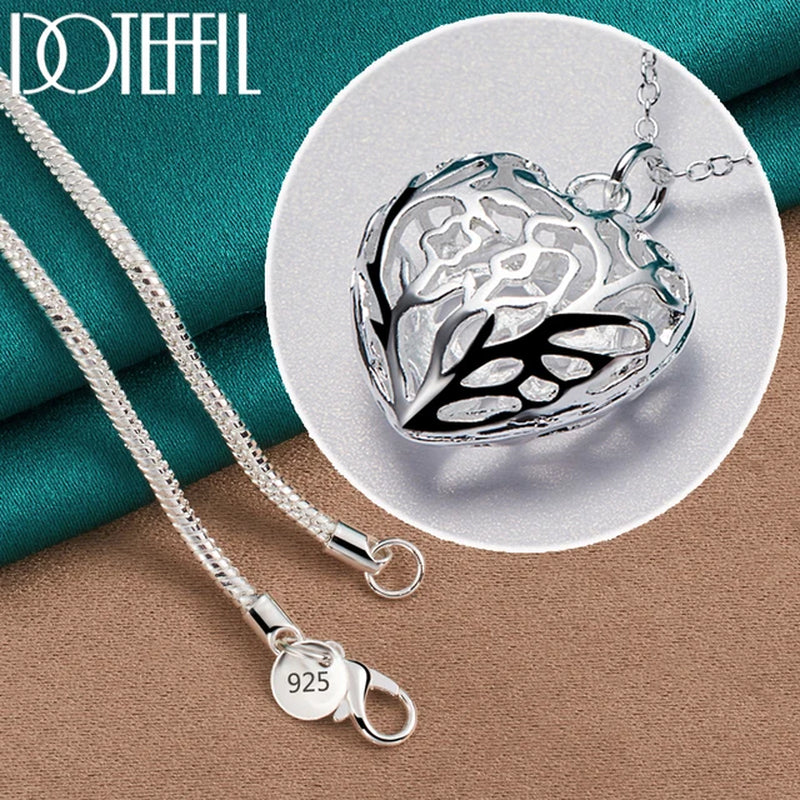 925 Sterling Silver Hollow Love Heart Ball 16-30 Inch Chain Pendant Necklace for Women Wedding Engagement Jewelry