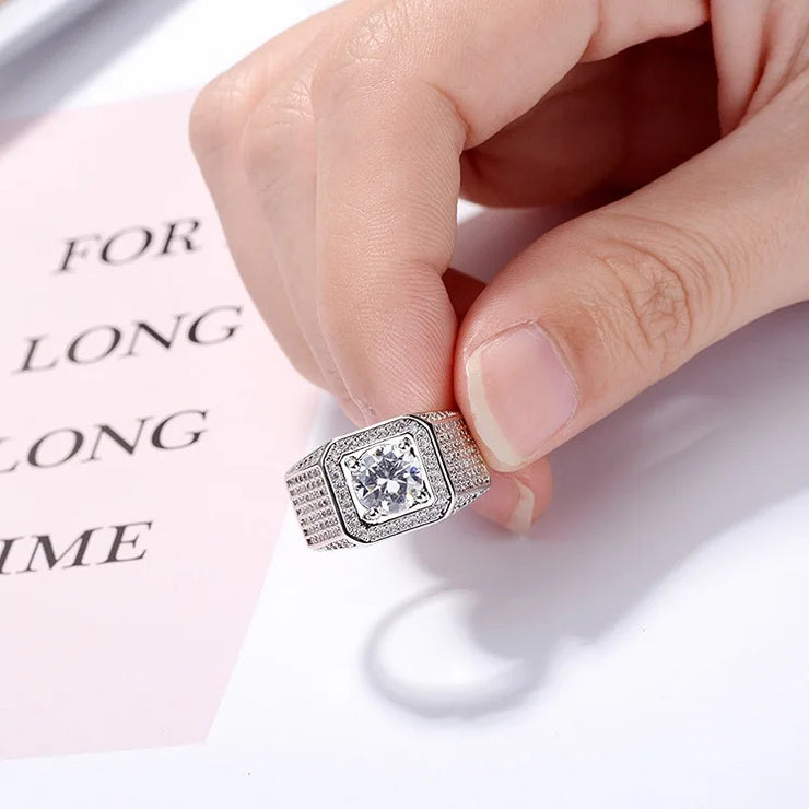 Moissanite Men's Ring – 18K White Gold & S925 Silver