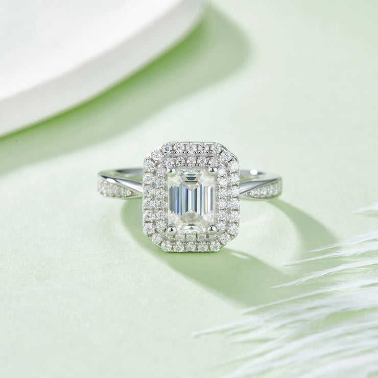 GEM'S BALLET 1.0 TCW Emerald Cut Moissanite Double Halo Engagement Ring