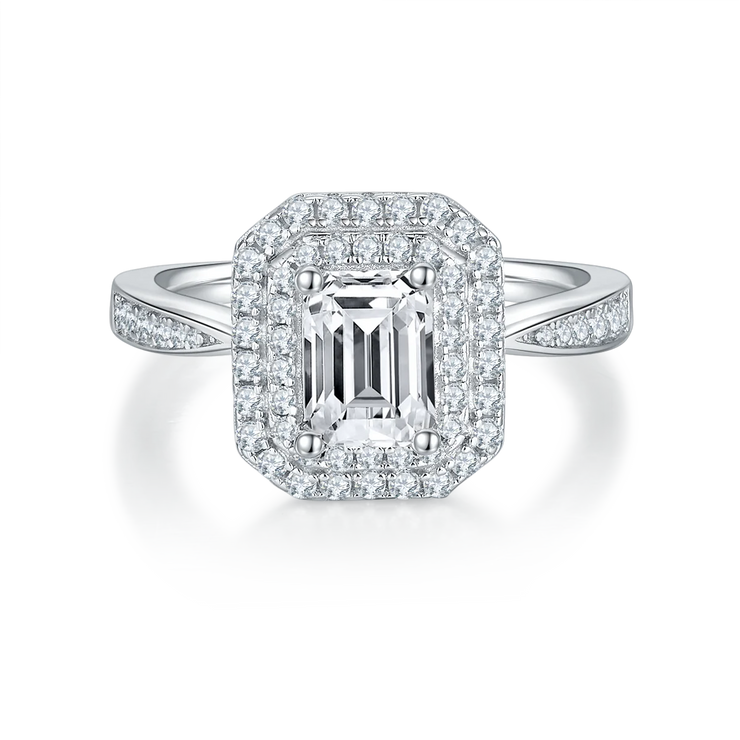 GEM'S BALLET 1.0 TCW Emerald Cut Moissanite Double Halo Engagement Ring