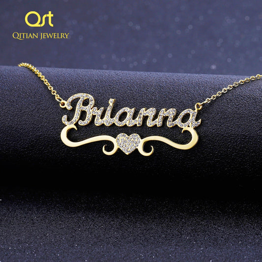 Qitian Personalized Name Necklace With Heart For Women Custom Gold Stainless Steel BlingBling Pendant Custom Iced Out Necklaces