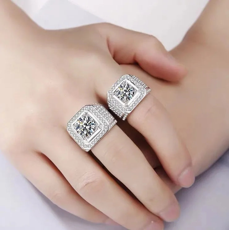 Moissanite Men's Ring – 18K White Gold & S925 Silver