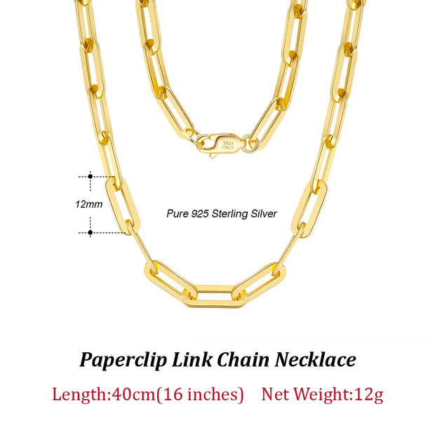 ORSA JEWELS 14K Gold Plated Genuine 925 Sterling Silver Paperclip Neck Chain 6/9.3/12mm Link Necklace for Women Men Jewelry SC39