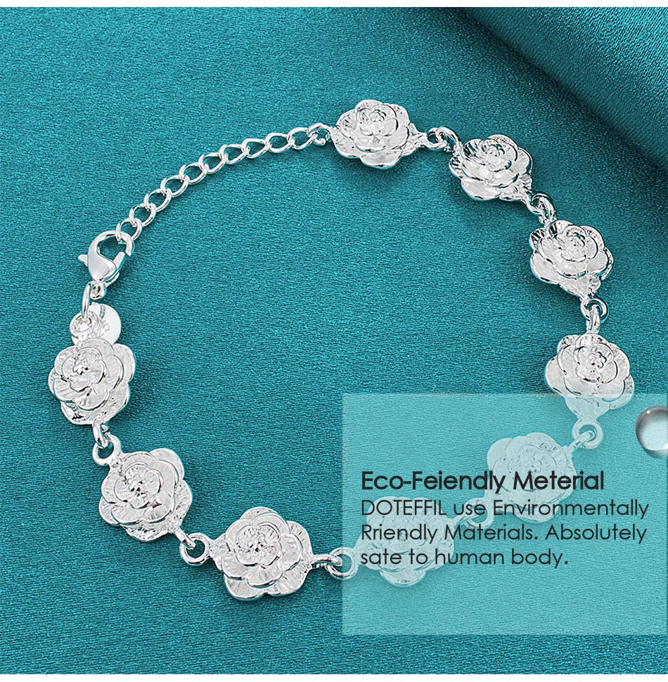 925 Sterling Silver Full Rose Flower Chain Bracelet