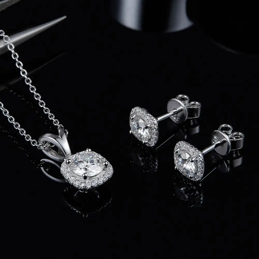 GEM'S BALLET 925 Sterling Silver Bridal Jewelry Set 4 prong Square Pendant Halo VVS1 Moissanite Necklace Earrings Set For Women