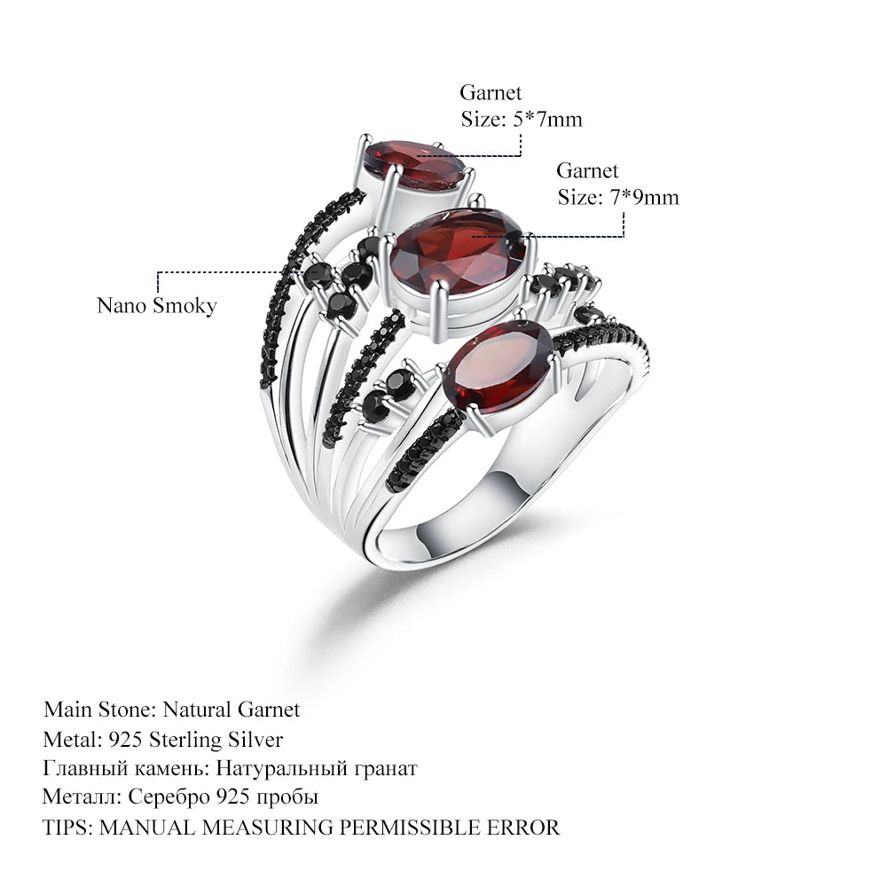 GEM'S BALLET 4.0Ct Natural Red Garnet Birthstone Rings For Women 925 Sterling Silver Stackable Three Stone Ring Fine Jewelry