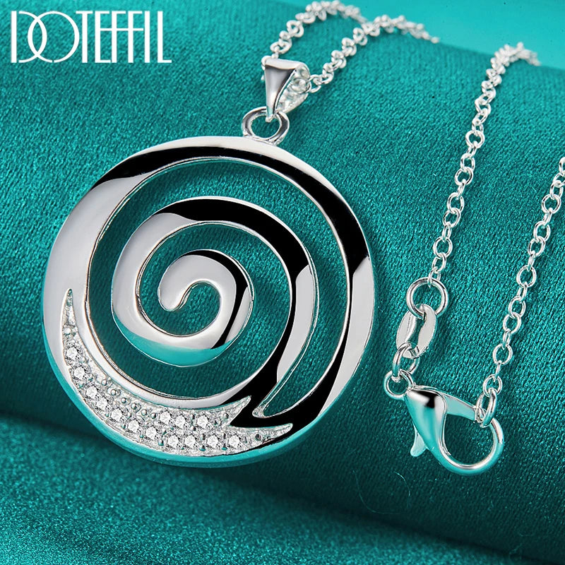 DOTEFFIL 925 Sterling Silver AAA Zircon Round Spiral Pendant Necklace 16-30 Inch Chain For Woman Man Charm Wedding Jewelry