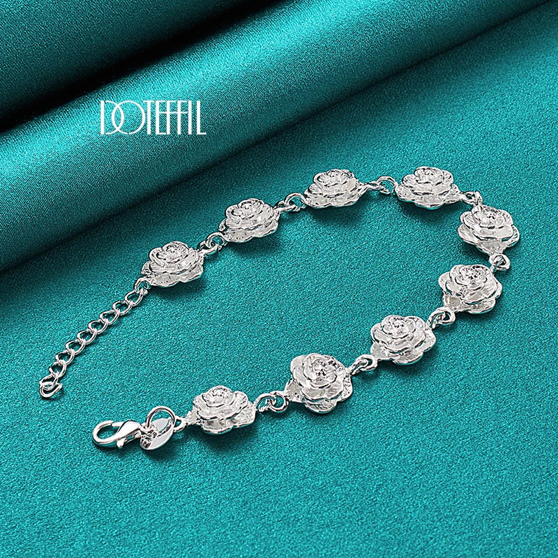 DOTEFFIL 925 Sterling Silver Full Rose Flower Chain Bracelet