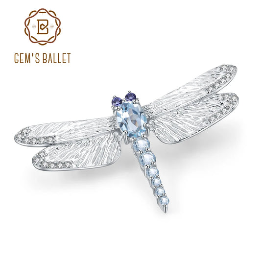 GEM'S BALLET 1.41Ct Natural Sky Blue Topaz Brooch 925 Sterling Sliver Handmade Design Dragonfly Brooches For Women Fine Jewelry