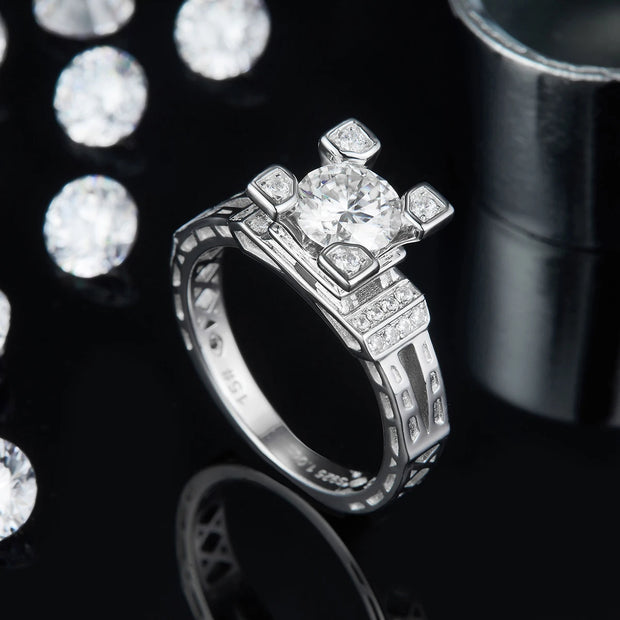GEM'S BALLET 925 Sterling Silver Moissanite Ring 1ct Round & Baguette Moissanite Engagement Ring Setting For Women Wedding