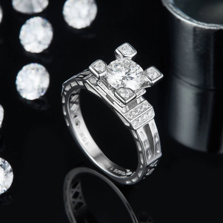 GEM'S BALLET 925 Sterling Silver Moissanite Ring 1ct Round & Baguette Moissanite Engagement Ring Setting For Women Wedding