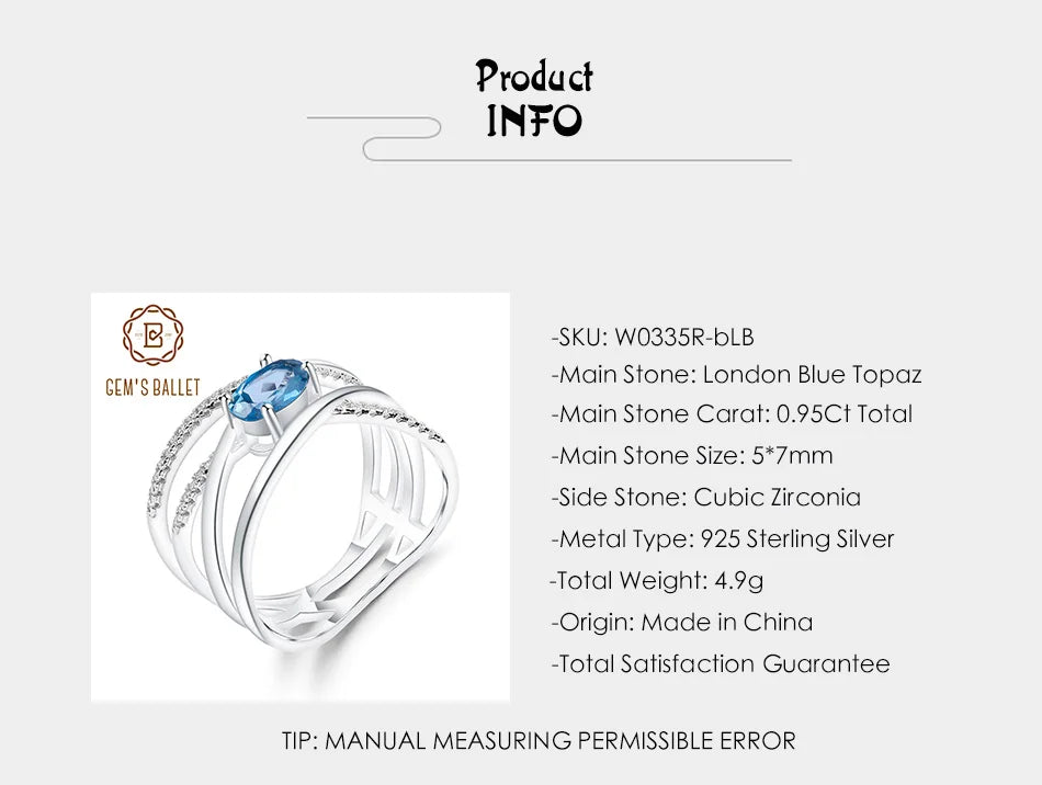 Natural London Blue Topaz Gemstone Ring 925 Sterling Silver Criss-Cross