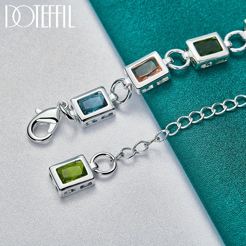 925 Sterling Silver Square inlaid With Multi-color AAA Zircon Bracelet Chain