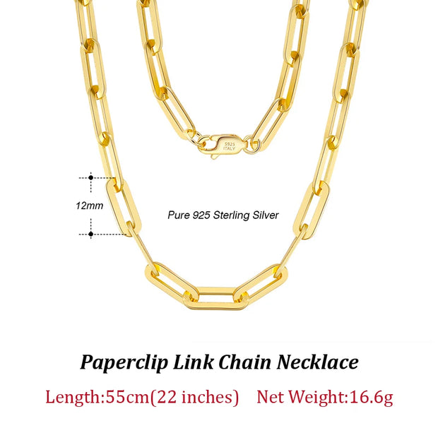 ORSA JEWELS 14K Gold Plated Genuine 925 Sterling Silver Paperclip Neck Chain 6/9.3/12mm Link Necklace for Women Men Jewelry SC39