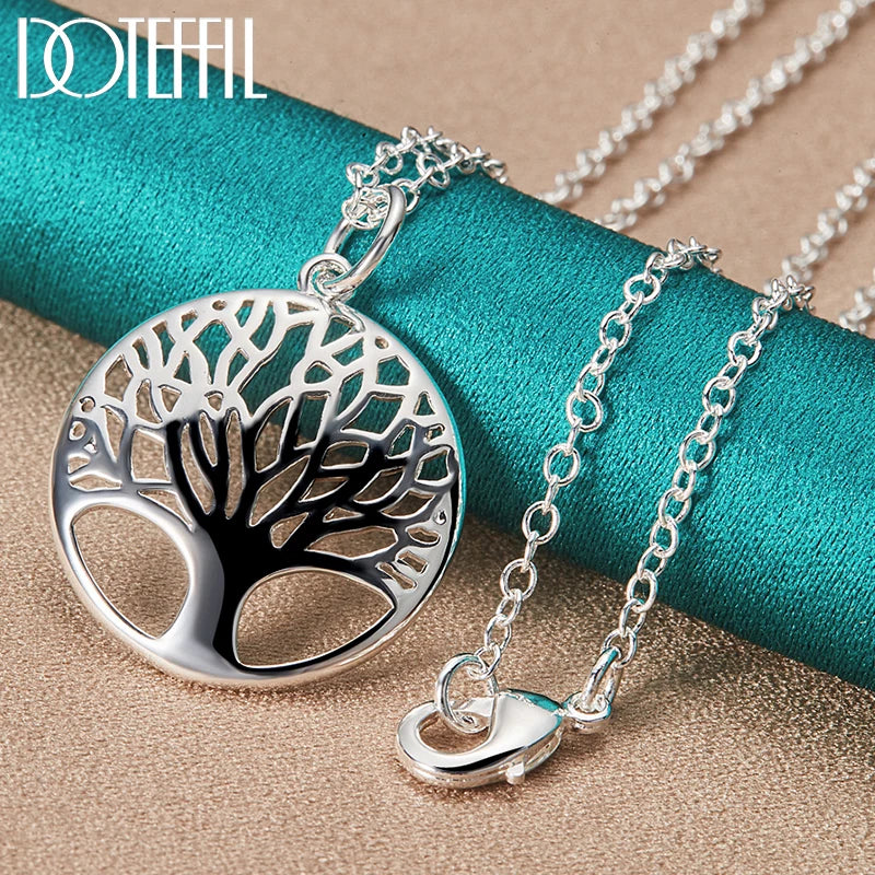 DOTEFFIL 925 Sterling Silver 16-30 Inch Chain Tree Round Pendant Necklace For Woman Fashion Wedding Engagement Charm Jewelry