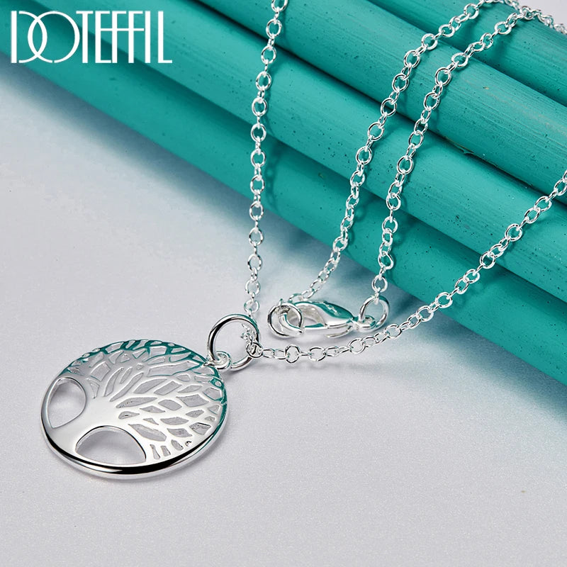 DOTEFFIL 925 Sterling Silver 16-30 Inch Chain Tree Round Pendant Necklace For Woman Fashion Wedding Engagement Charm Jewelry