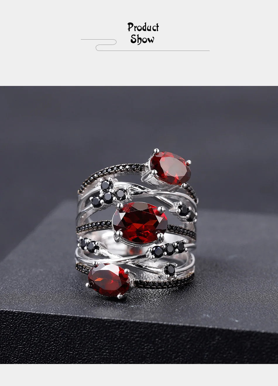 GEM'S BALLET 4.0Ct Natural Red Garnet Birthstone Rings For Women 925 Sterling Silver Stackable Three Stone Ring Fine Jewelry