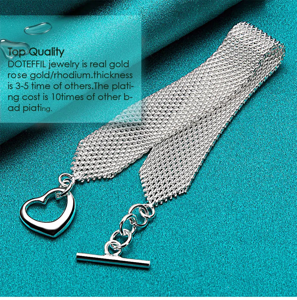 925 Sterling Silver Watchband Network Heart Bracelet Chain