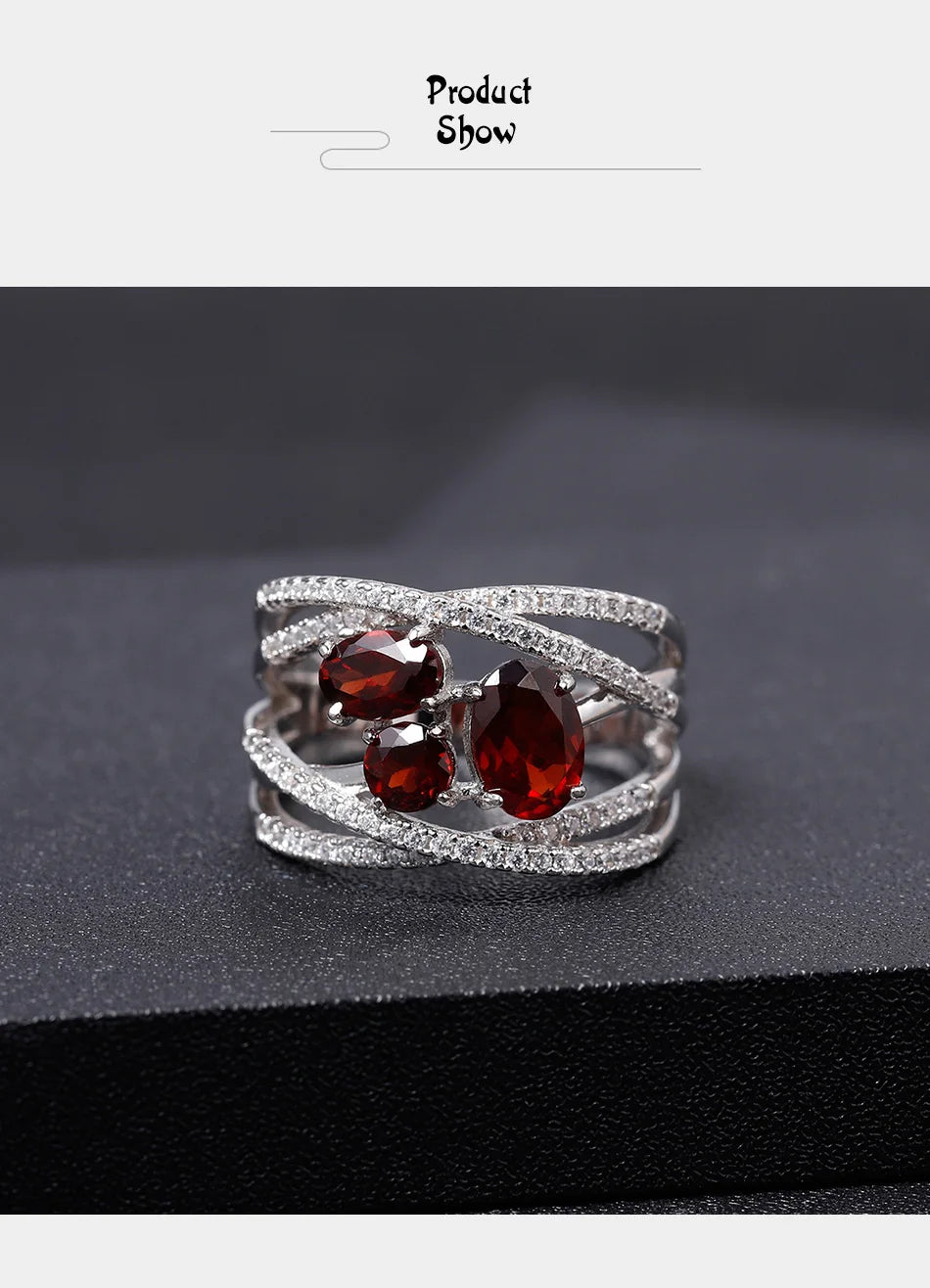 GEM'S BALLET 925 Sterling Silver Criss-Cross Gemstone Ring 1.87Ct Natural Red Garnet Finger Rings For Women Wedding Fine Jewelry