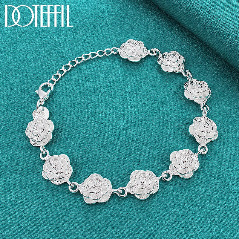 925 Sterling Silver Full Rose Flower Chain Bracelet